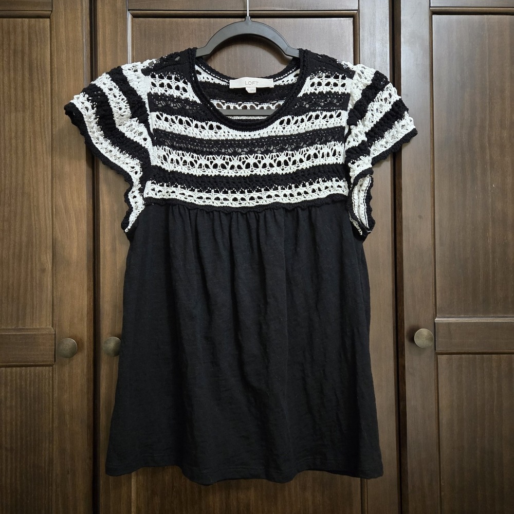 Loft Babydoll Top Crochet Yoke Black White 100% Cotton Boho Flowy Ruffle Small